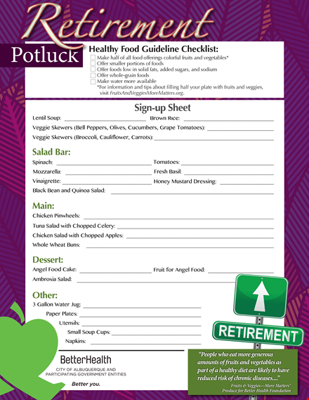 retirement potluck signup sheet template
