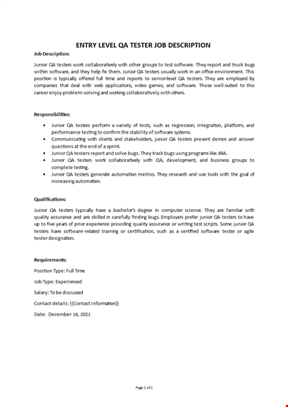 quality assurance tester job description template