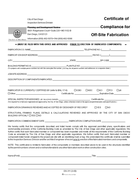 approved certificate of conformance for fabrication in san diego template