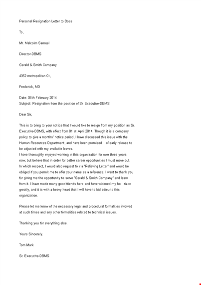 resignation letter to boss, company | personal resignation letter for smith & gerald template