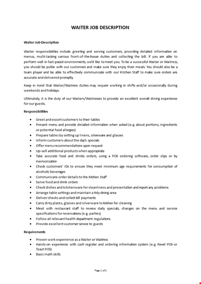 waiter job description template