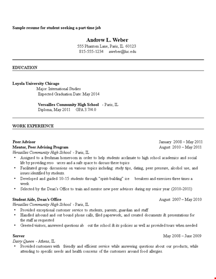 sample college student's job resume | school, paris, community template