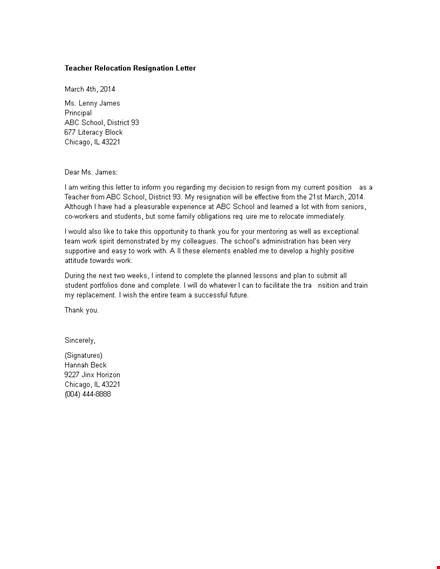 teacher relocation resignation letter template