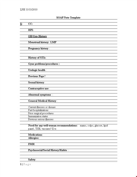 efficient soap note template - record patient's general history, previous procedures & illnesses template