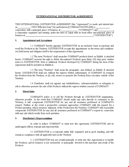 distribution agreement: company agreement for distribution of products by the distributor template