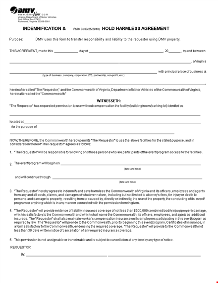 protect your event with a hold harmless agreement template | requestor, virginia, commonwealth template