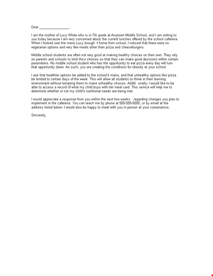 complaint letter to school principal about food template