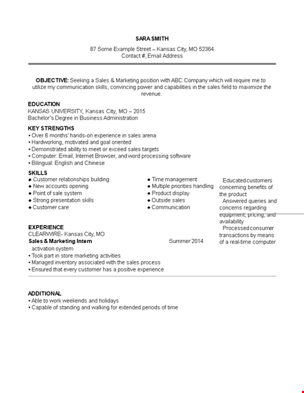 entry level sales and marketing resume | marketing, sales, email | kansas template