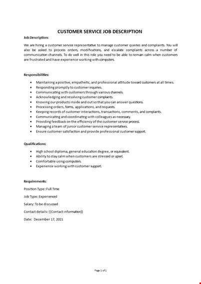 customer service job description template