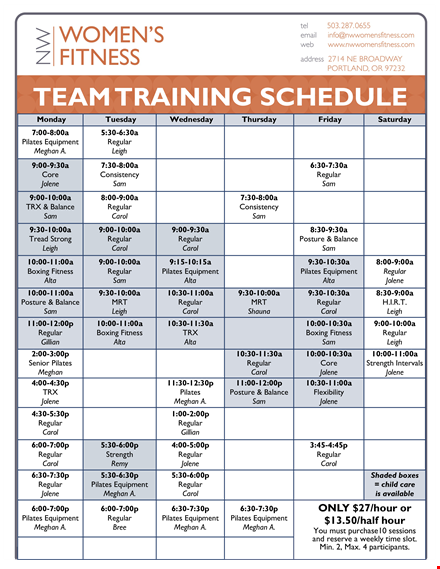 team training schedule template template