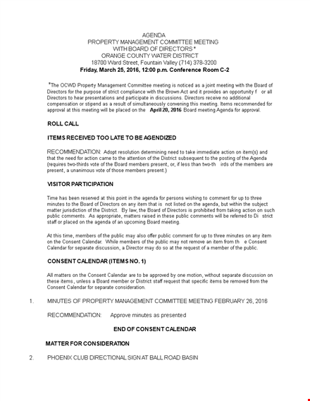 property management agenda example template