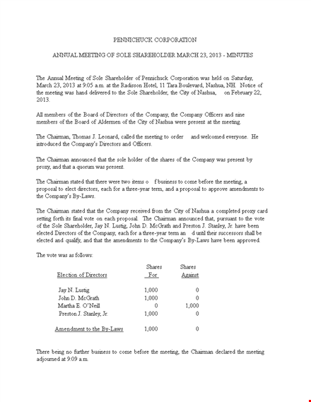 company meeting: sole shareholder meeting minutes template template