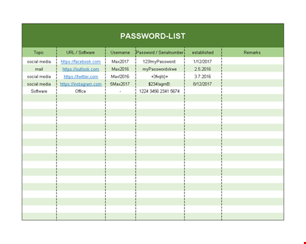 password list template - securely manage your media and social passwords template