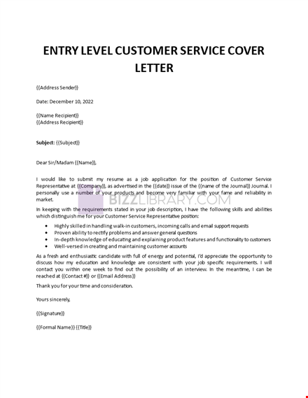 entry level customer service cover letter template