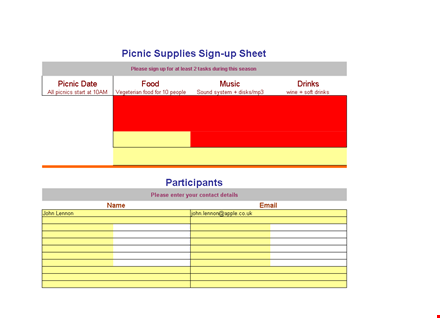 organize your next picnic with ease - potluck sign up sheet for drinks and food template