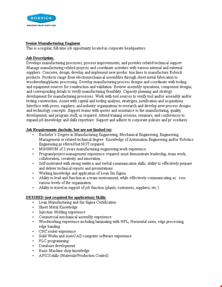 manufacturing engineer job description - support and experience in manufacturing engineering template