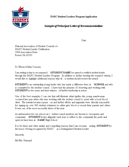 recommendation letter for student leader: a principal's perspective template