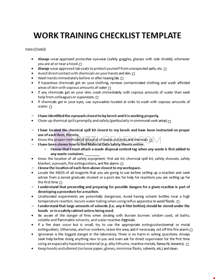 work training checklist template template