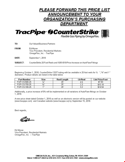 important notice: price increase for tracpipe and omegaflex - sample letter included template