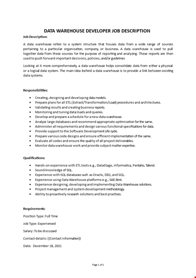 data warehouse developer job description template