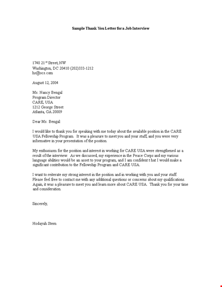 sample thank you letter for a job interview template