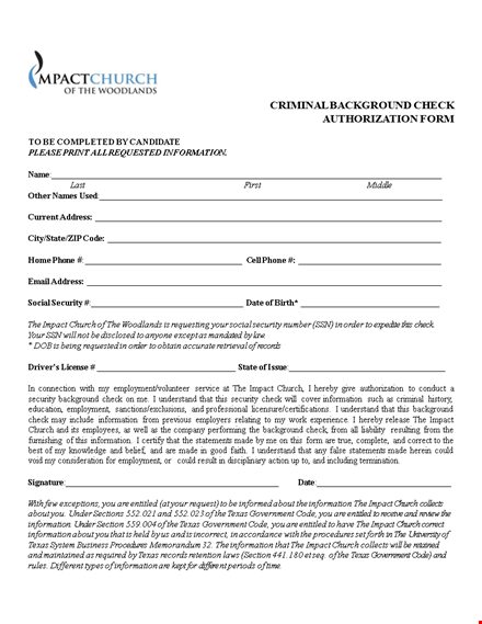 criminal background check authorization form template