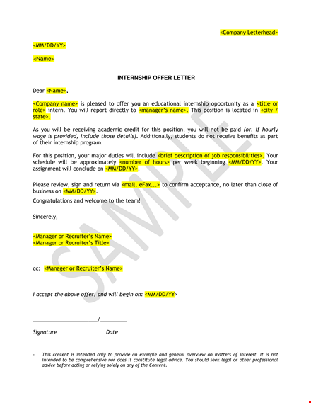 internship offer letter format template template