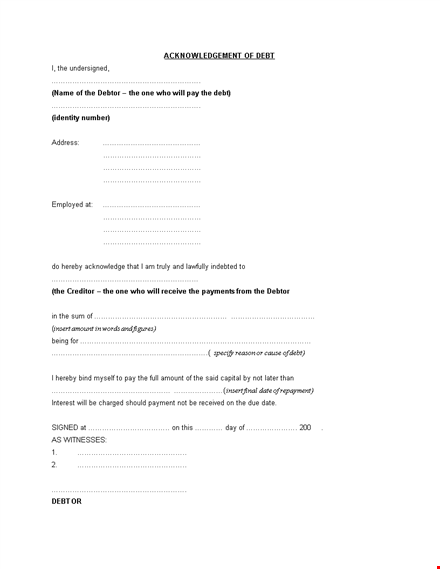acknowledgement of dept sample form template