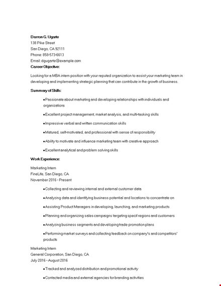 mba marketing internship resume template