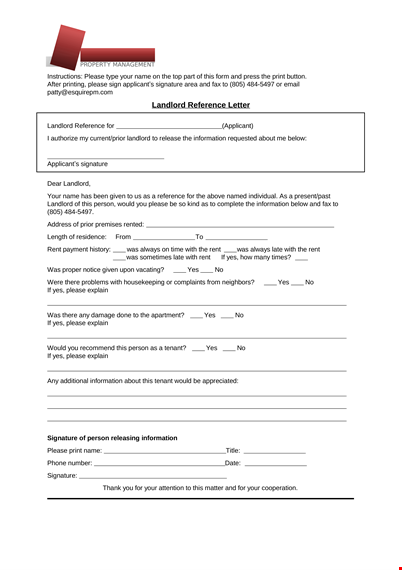 requesting a landlord reference letter - information, signature and more template