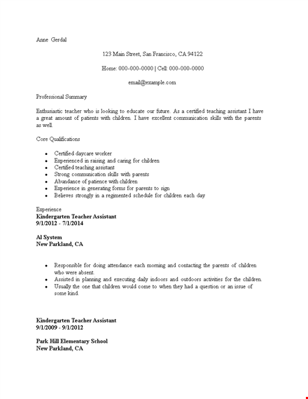 sample resume for kindergarten teacher assistant template