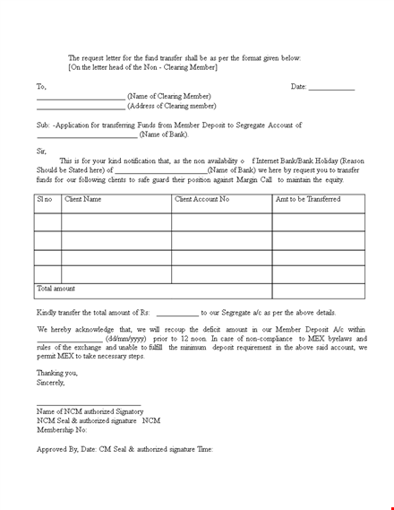 fund transfer letter template for account members - clearing | [company name] template