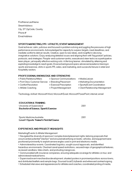 sports marketing assisstant resume template