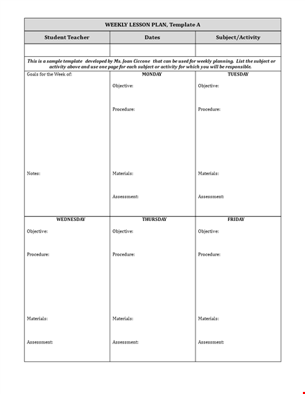 one page weekly lesson plan template template