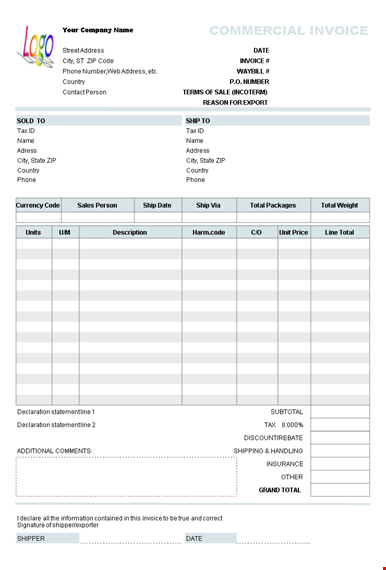 commercial invoice template excel template