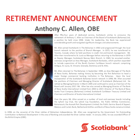retirement announcement template for branch personnel | allen at scotiabank bahamas template