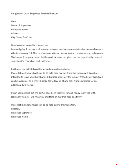 resignation letter employee personal reasons template