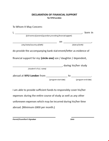 financial support letter of parent/guardian - letter of support template