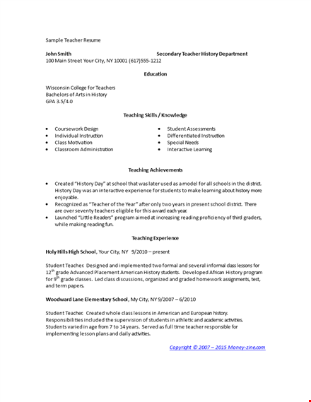 teacher resume format doc template