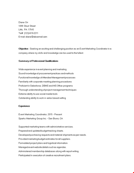 event marketing coordinator resume template