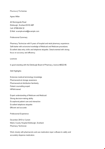 pharmacy technician resume template