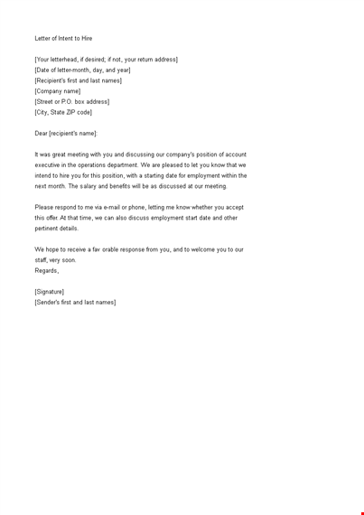 employment letter of intent to hire template