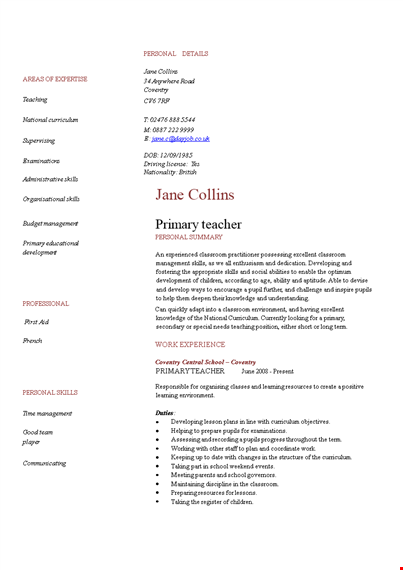 primary school teacher resume pdf template