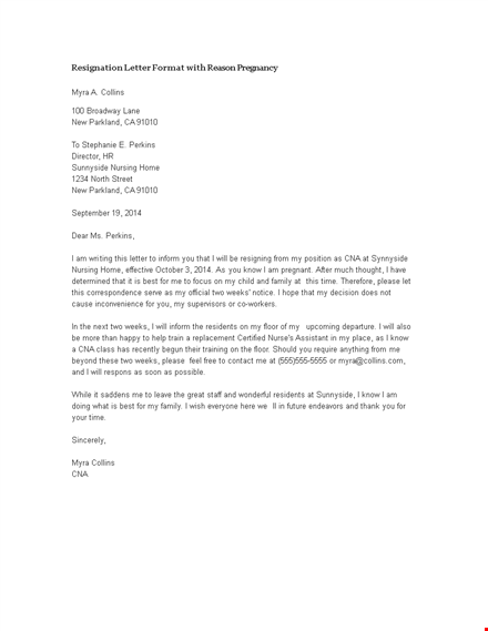 resignation letter format with reason pregnancy template
