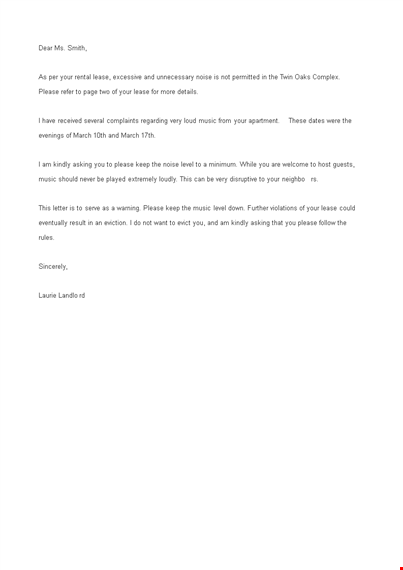 sample noise complaint letter from landlord template