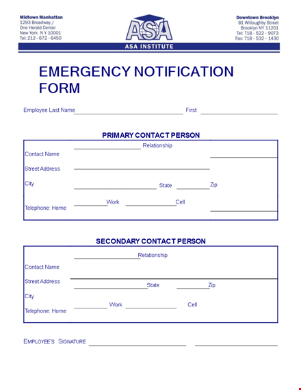institute employee emergency notification form template