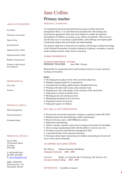 primary teacher resume pdf template