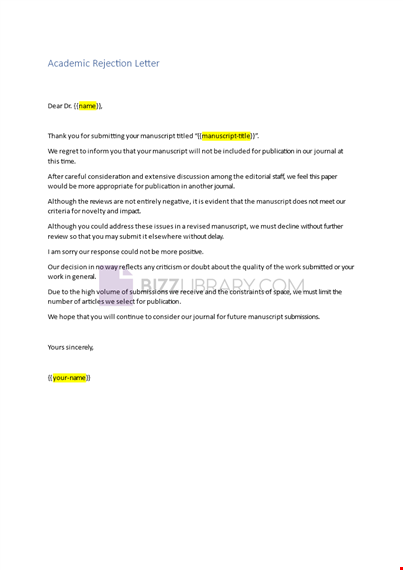 academic rejection letter example template