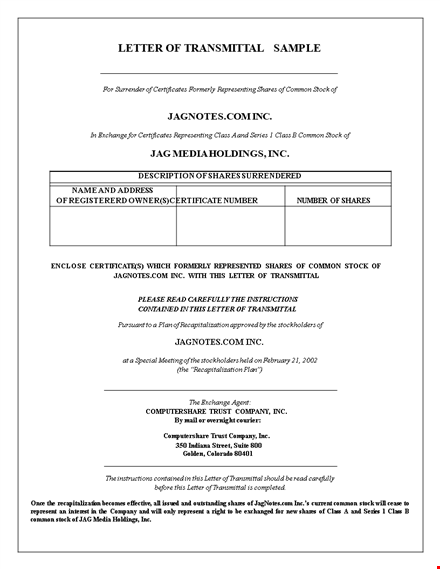 easy letter of transmittal template - quickly submit your shares | jagnotes template