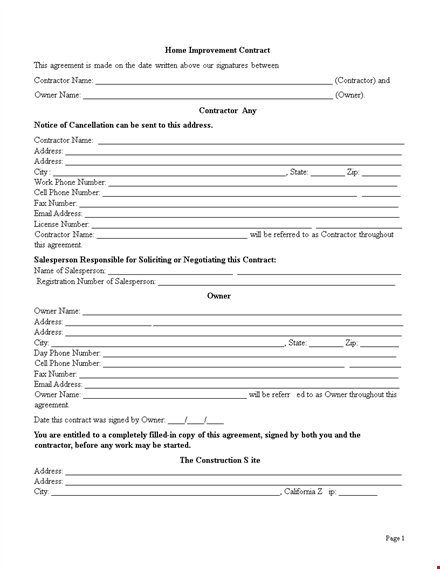 home improvement contract template sample free template